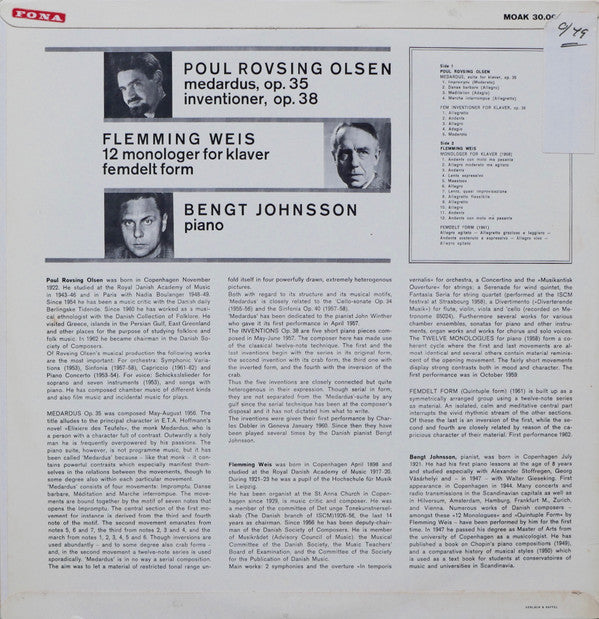 Poul Rovsing Olsen, Flemming Weis, Bengt Johnsson : Medardus, Op. 35 / Inventioner, Op. 38 / 12 Monologer For Klaver / Femdelt Form (LP, Album)