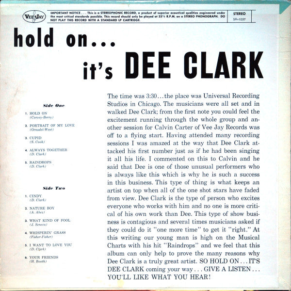 Dee Clark : Hold On....It's Dee Clark (LP, Album, Mono, RP, All)