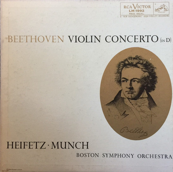 Ludwig van Beethoven, Jascha Heifetz • Charles Munch, Boston Symphony Orchestra : Violin Concerto (In D) (LP, Album, Mono, Plu)