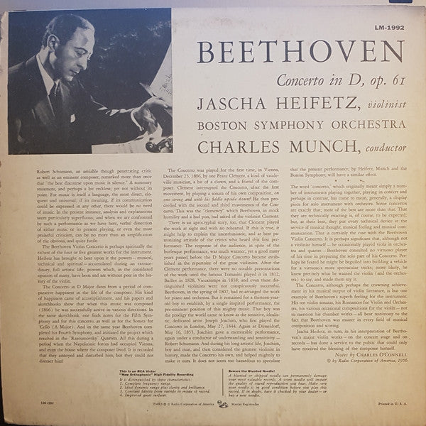 Ludwig van Beethoven, Jascha Heifetz • Charles Munch, Boston Symphony Orchestra : Violin Concerto (In D) (LP, Album, Mono, Plu)