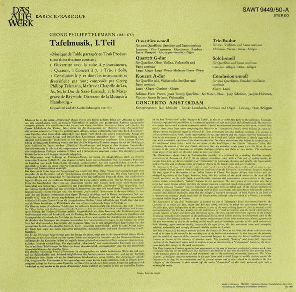 Georg Philipp Telemann - Frans Brüggen, Concerto Amsterdam, Gustav Leonhardt : Tafelmusik Teil I (Banquet-Music ∙ Musique De Table) (2xLP, RP, Gat)