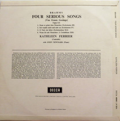 Kathleen Ferrier, John Newmark - Johannes Brahms : Four Serious Songs (10", Mono, Bla)