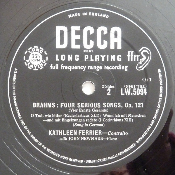 Kathleen Ferrier, John Newmark - Johannes Brahms : Four Serious Songs (10", Mono, Bla)