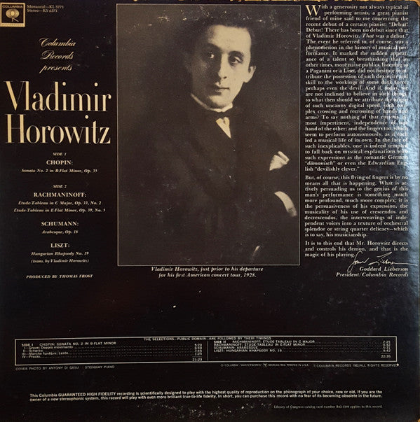 Vladimir Horowitz / Frédéric Chopin / Robert Schumann / Sergei Vasilyevich Rachmaninoff / Franz Liszt : Columbia Records Presents Vladimir Horowitz • Works By Chopin, Rachmaninoff, Schumann And Liszt (LP, Mono, Pit)