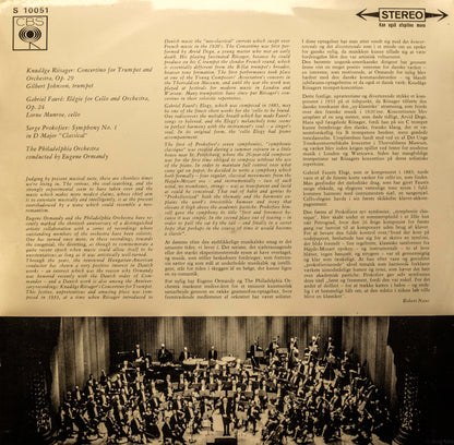 Knudåge Riisager, Gabriel Fauré, Sergei Prokofiev, Gilbert Johnson, Lorne Munroe, The Philadelphia Orchestra, Eugene Ormandy : Knudåge Riisager Concertino for Trumpet and Orchestra, Gabriel Faure Elegie for Cello and Orchestra, S. Prokofiev Sumphony Nr.1 "Classical" (LP, Comp)