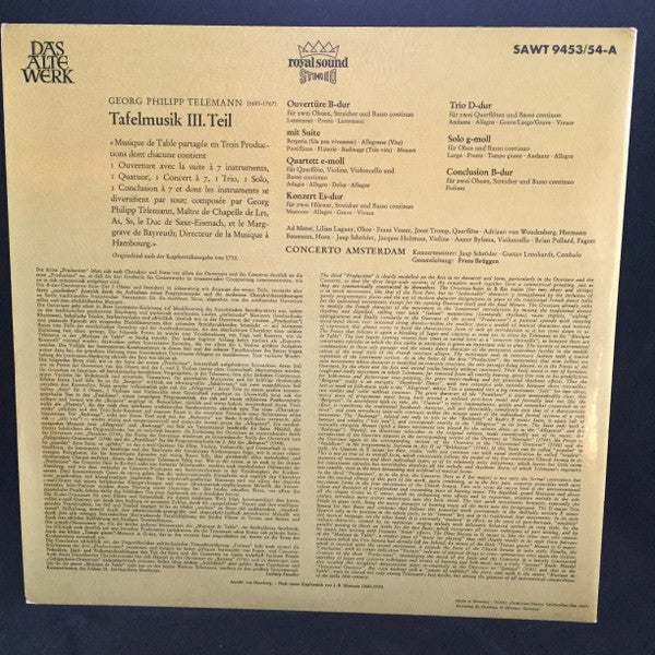 Georg Philipp Telemann - Gustav Leonhardt, Concerto Amsterdam, Frans Brüggen : Tafelmusik Teil III (2xLP, RP)