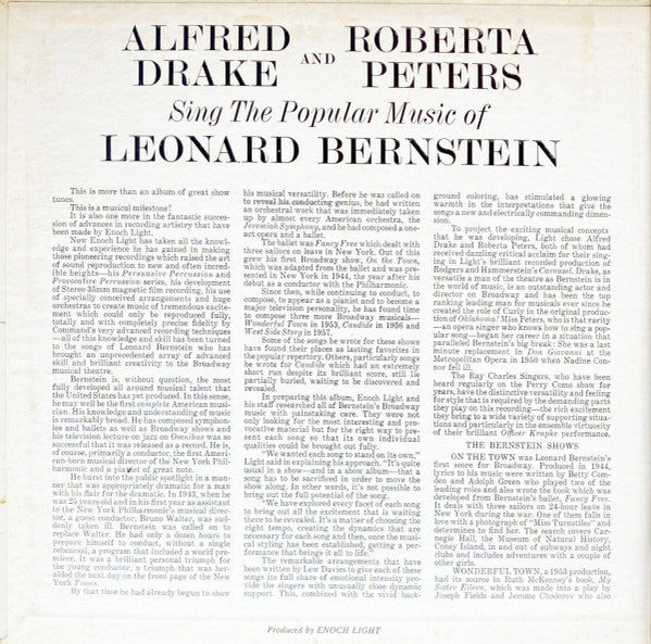 Alfred Drake And Roberta Peters Wih The Ray Charles Singers And Enoch Light And His Orchestra : Alfred Drake And Roberta Peters Sing The Popular Music Of Leonard Bernstein (LP, Album, Gat)