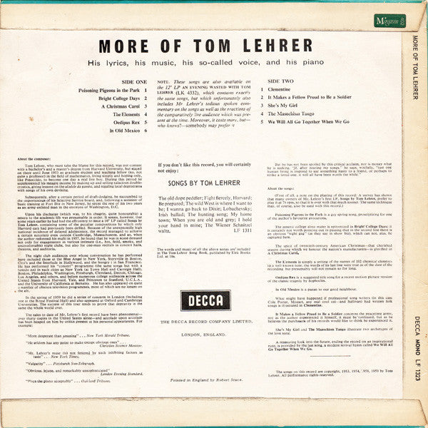 Tom Lehrer : More Of Tom Lehrer (10", Mono, RE)