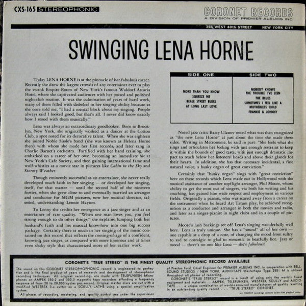 Lena Horne : Swinging Lena Horne (LP)