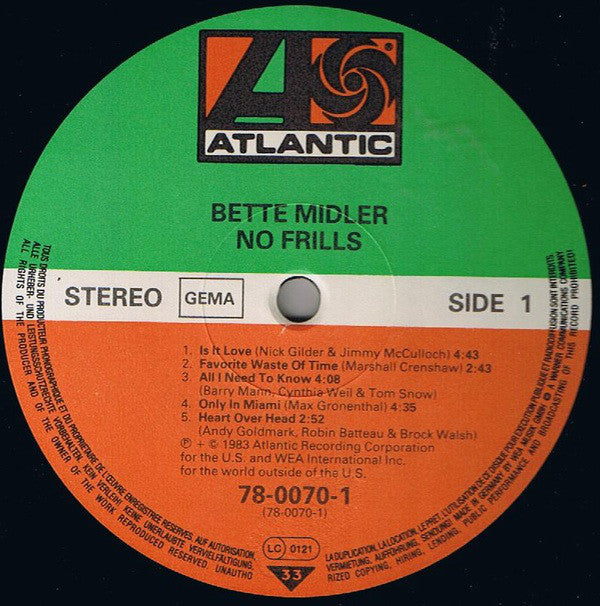 Bette Midler : No Frills (LP, Album)