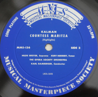 Emmerich Kálmán, The Opera Society Orchestra, Carl Bamberger : Countess Maritza (10")