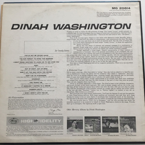 Dinah Washington : For Lonely Lovers (LP, Album, Mono)