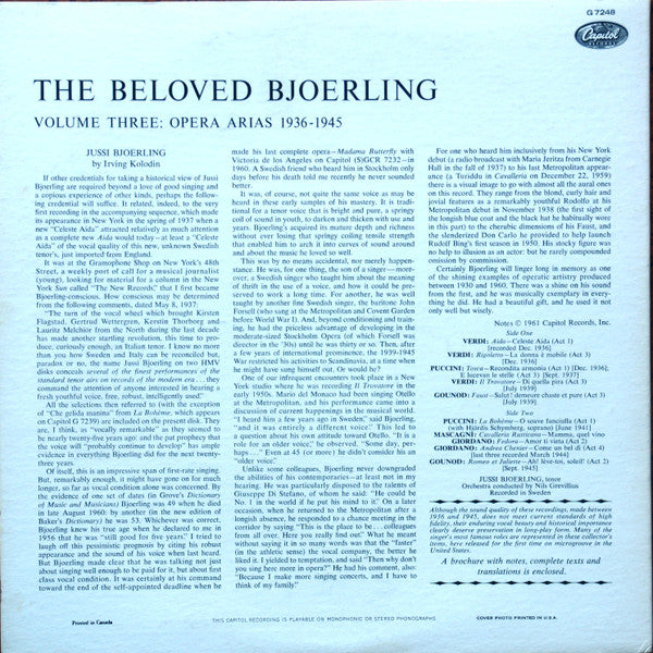 Jussi Björling : The Beloved Bjoerling: Volume 3 , Opera Arias 1936 1945 (LP, Comp, Mono)