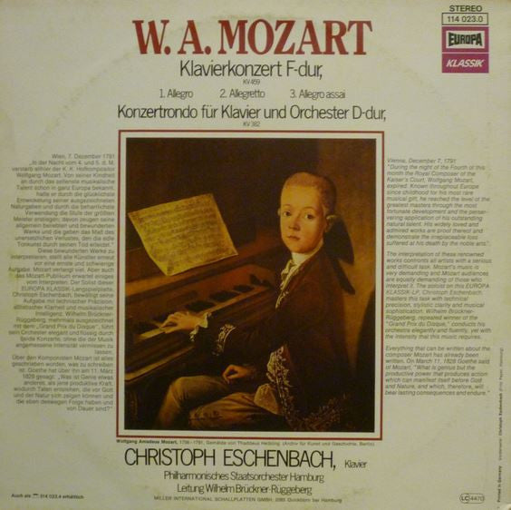 Wolfgang Amadeus Mozart, Christoph Eschenbach, Philharmonisches Staatsorchester Hamburg, Wilhelm Brückner-Rüggeberg : Klavierkonzert F-Dur, KV 459, Konzertrondo Für Klavier Und Orchester D-Dur, KV 382 (LP, RE)