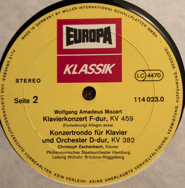 Wolfgang Amadeus Mozart, Christoph Eschenbach, Philharmonisches Staatsorchester Hamburg, Wilhelm Brückner-Rüggeberg : Klavierkonzert F-Dur, KV 459, Konzertrondo Für Klavier Und Orchester D-Dur, KV 382 (LP, RE)