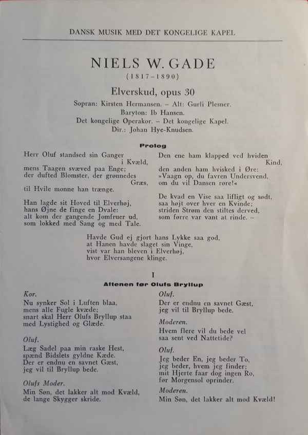 Niels Wilhelm Gade / Det Kongelige Kapel, Det Kongelige Operakor, Johan Hye-Knudsen : Elverskud, Opus 30 (LP, Album)