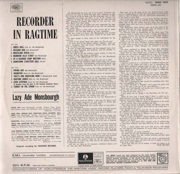 Ade Monsbourgh : Recorder In Ragtime (LP, Album)