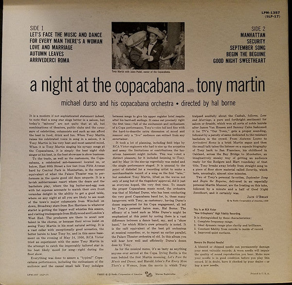 Tony Martin (3) : A Night At The Copacabana With Tony Martin (LP, Album, Mono)