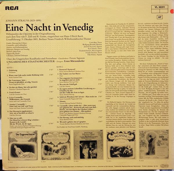 Johann Strauss Jr., Magyar Rádió És Televízió Énekkara, Hungarian State Orchestra, Ernst Märzendorfer : Eine Nacht In Venedig (LP)