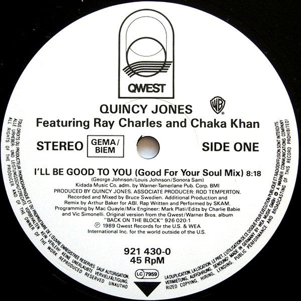 Quincy Jones Featuring Ray Charles And Chaka Khan : I'll Be Good To You (12", Maxi)