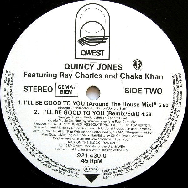 Quincy Jones Featuring Ray Charles And Chaka Khan : I'll Be Good To You (12", Maxi)