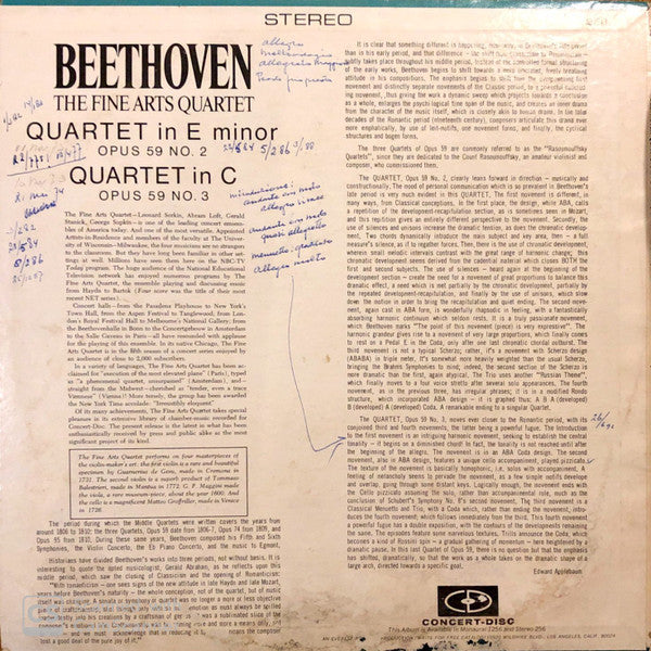 Ludwig van Beethoven, The Fine Arts Quartet : Quartet in E minor Op. 59 No. 2, Quartet in C, Op. 59 No. 3 (LP, Comp)