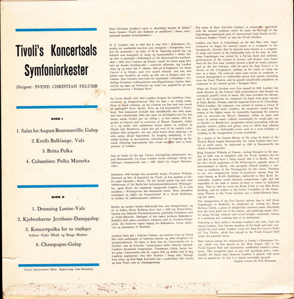 H.C. Lumbye, Tivolis Koncertsals Orkester Dirigent Svend Christian Felumb : Musik Fra Tivoli - H.C. Lumbye 1810-1874 (10", Album, Mono)