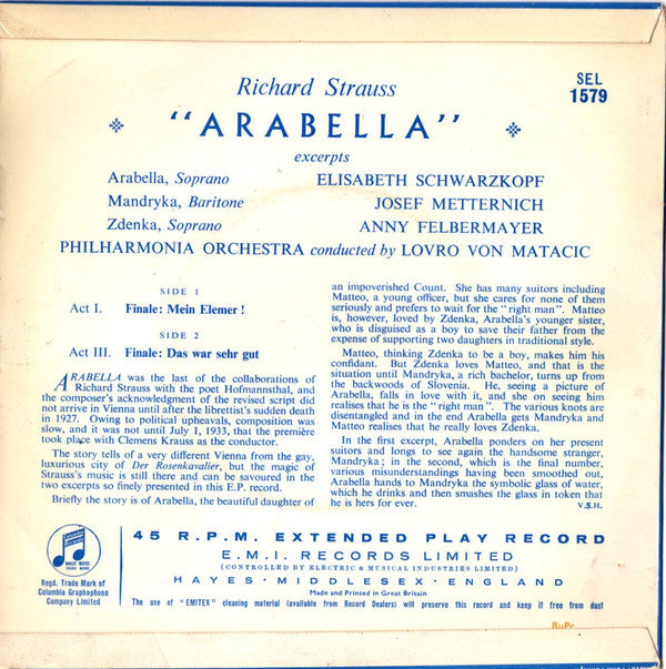 Elisabeth Schwarzkopf, Richard Strauss : Arabella. (Excerpts) (7", EP, Mono)