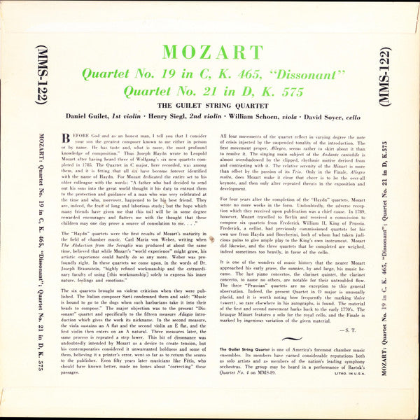 Wolfgang Amadeus Mozart, Guilet String Quartet : Quartet No. 19 In C K. 465, "Dissonant" / Quartet No. 21 In D K.575 (10", Mono)