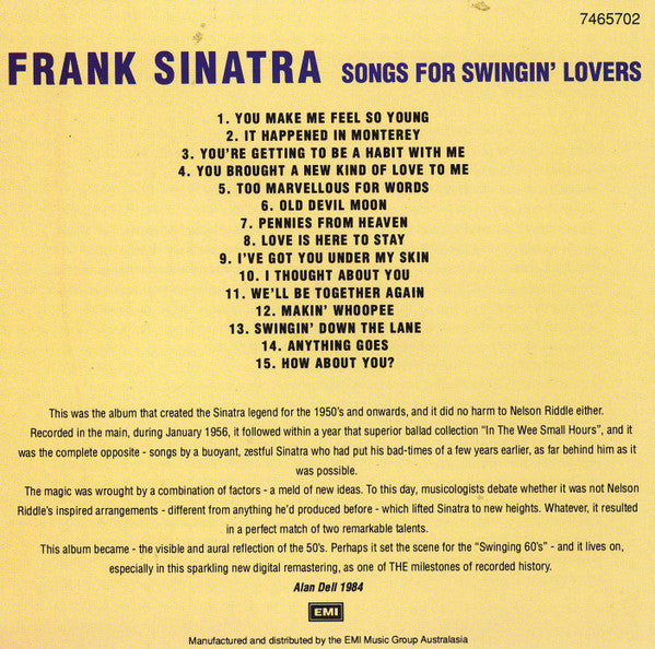 Frank Sinatra : Songs For Swingin' Lovers (CD, Album, RE)