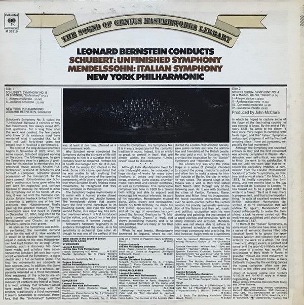 Franz Schubert, Felix Mendelssohn-Bartholdy, Leonard Bernstein, The New York Philharmonic Orchestra :  Unfinished Symphony / Italian Symphony (LP, Album, RE)