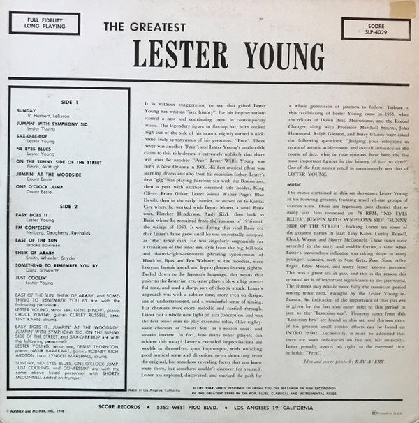 Lester Young : The Greatest Lester Young (LP, Album, Comp, RE)