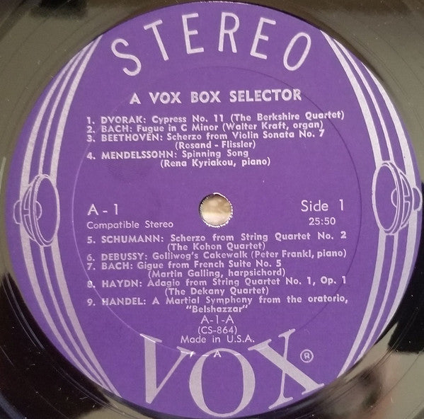 Johann Sebastian Bach, Ludwig van Beethoven, Felix Mendelssohn-Bartholdy, Antonín Dvořák, Robert Schumann, Joseph Haydn, Georg Friedrich Händel, Claude Debussy, Wolfgang Amadeus Mozart, Béla Bartók, Gabriel Fauré, Girolamo Frescobaldi : A Vox Box Selector (LP, Comp)