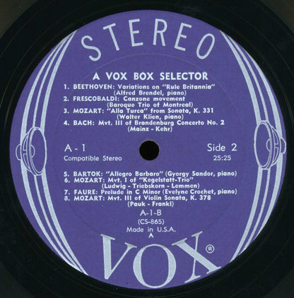 Johann Sebastian Bach, Ludwig van Beethoven, Felix Mendelssohn-Bartholdy, Antonín Dvořák, Robert Schumann, Joseph Haydn, Georg Friedrich Händel, Claude Debussy, Wolfgang Amadeus Mozart, Béla Bartók, Gabriel Fauré, Girolamo Frescobaldi : A Vox Box Selector (LP, Comp)