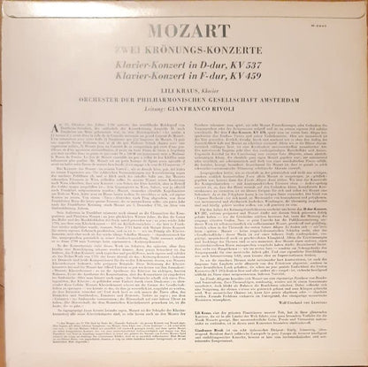 Wolfgang Amadeus Mozart / Lili Kraus , Klavier / Amsterdam Philharmonic Society Orchestra / Leitung Gianfranco Rivoli : Zwei Krönungs-Konzerte, KV 537 Und KV 459 (LP, Mono, Ltd)