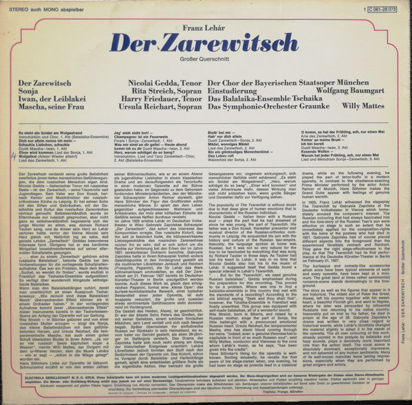 Nicolai Gedda, Rita Streich, Harry Friedauer, Ursula Reichart, Hans Söhnker, Franz Lehár :  Der Zarewitsch - Großer Querschnitt (LP, Album)