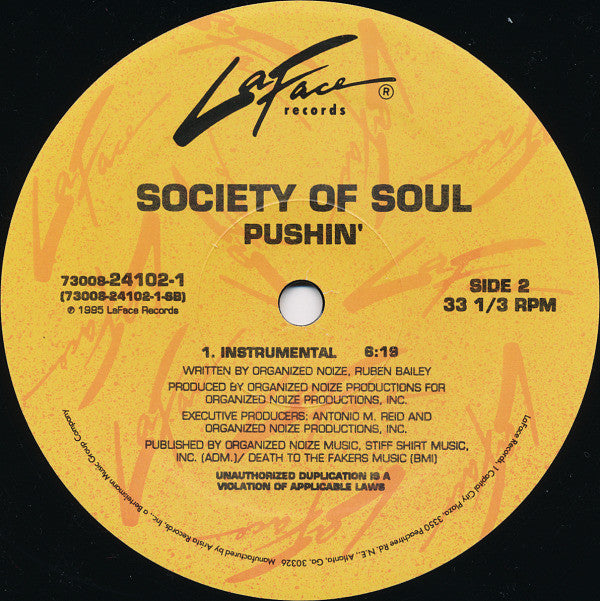 Society Of Soul : Pushin' (12", Single)