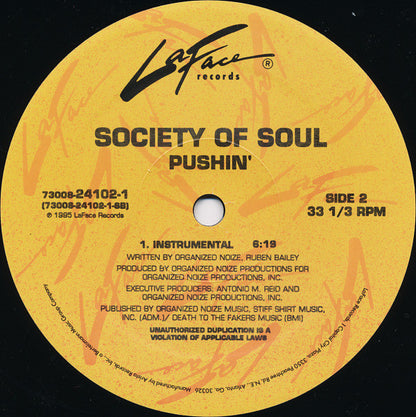 Society Of Soul : Pushin' (12", Single)