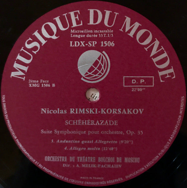 Nikolai Rimsky-Korsakov – Bolshoi Theatre Orchestra, Alexander Melik-Pashayev : Schéhérazade (Suite Symphonique Pour Orchestre), Op. 35 (LP, Mono, RE)