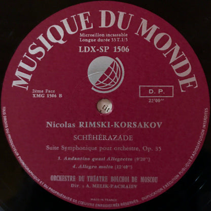 Nikolai Rimsky-Korsakov – Bolshoi Theatre Orchestra, Alexander Melik-Pashayev : Schéhérazade (Suite Symphonique Pour Orchestre), Op. 35 (LP, Mono, RE)