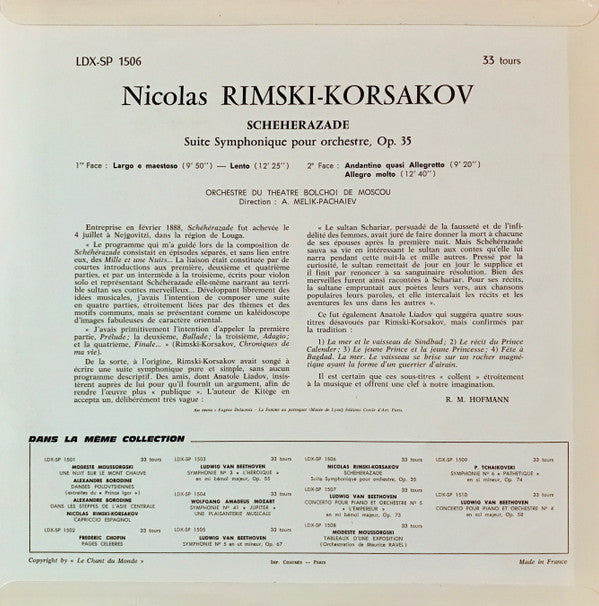 Nikolai Rimsky-Korsakov – Bolshoi Theatre Orchestra, Alexander Melik-Pashayev : Schéhérazade (Suite Symphonique Pour Orchestre), Op. 35 (LP, Mono, RE)