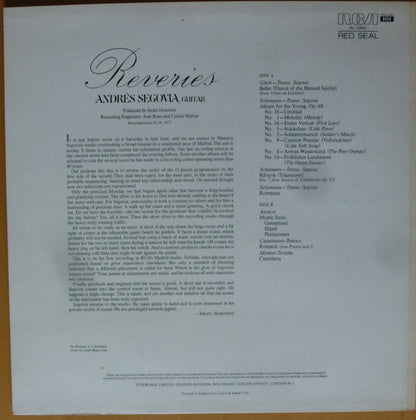 Andrés Segovia, Christoph Willibald Gluck, Robert Schumann, Vicente Asencio, Mario Castelnuovo Tedesco, Federico Moreno Torroba : Reveries (LP, Album)