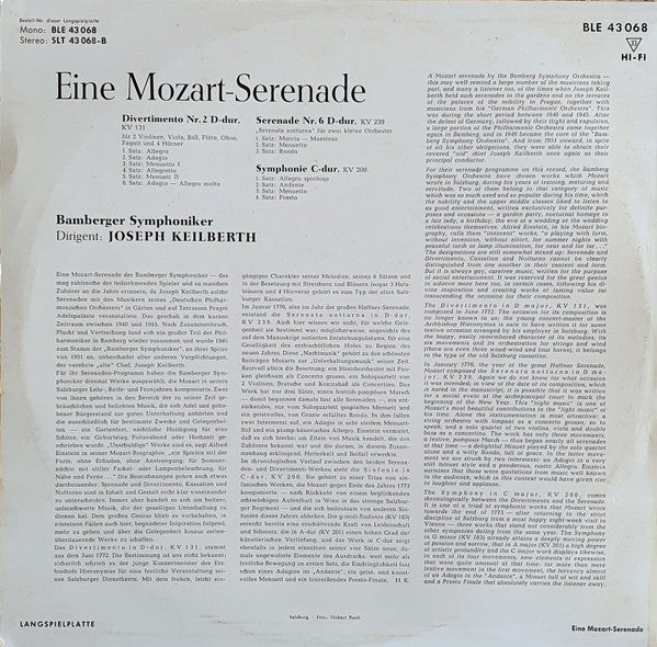 Joseph Keilberth, Bamberger Symphoniker : Eine Mozart-Serenade: Divertimento Nr. 2 D-Dur, KV. 131 / Serenata Notturna Fur 2 Orchestra, KV. 239 / Symphonie C-Dur, KV. 200 (LP, Mono)