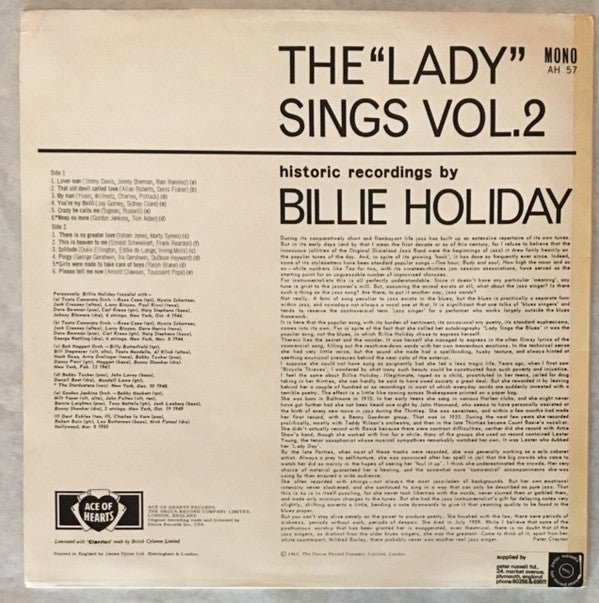 Billie Holiday : The Lady Sings - Vol. 2 (LP, Comp, Mono)