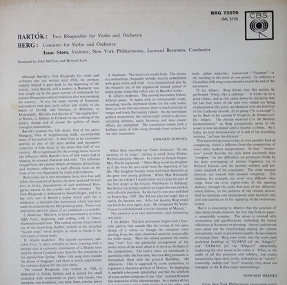 Béla Bartók / Alban Berg - Isaac Stern, Leonard Bernstein, The New York Philharmonic Orchestra : Two Rhapsodies for Violin and Orchestra / Violon Concerto (LP, Mono)