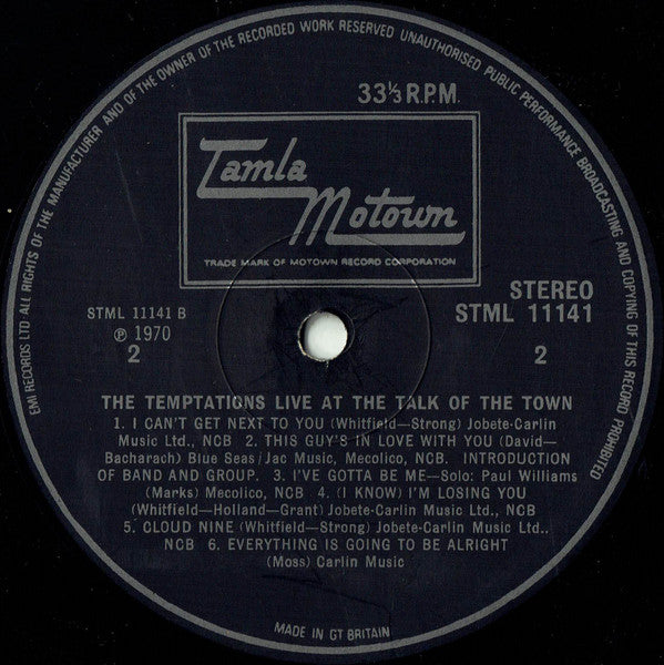 The Temptations : The Temptations Live At London's Talk Of The Town (LP, Album, RE)