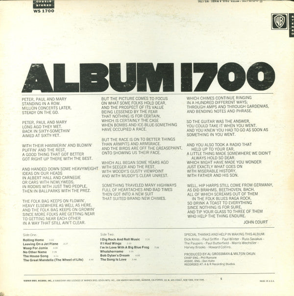 Peter, Paul & Mary : Album 1700 (LP, Album, RP)