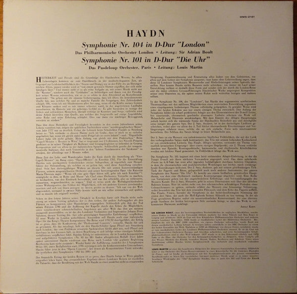 Joseph Haydn, Sir Adrian Boult, Louis Martin, The London Philharmonic Orchestra, Orchestre De L'Association Des Concerts Pasdeloup : Symphonie Nr. 104 In D-dur "London" -  Symphonie Nr. 101 In D-dur "Die Uhr " (LP, Mono)