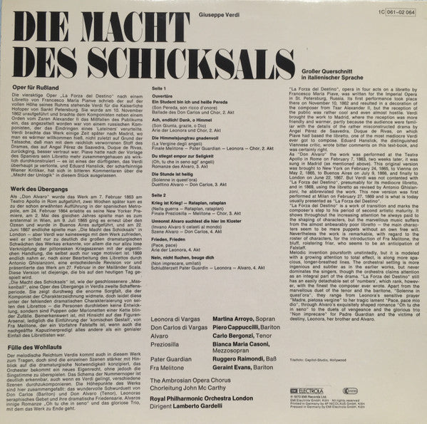 Giuseppe Verdi, Martina Arroyo, Carlo Bergonzi, Piero Cappuccilli, Ruggero Raimondi, Geraint Evans, Bianca Maria Casoni, Lamberto Gardelli : Die Macht Des Schicksals / La Forza Del Destino  (Grosser Querschnitt In Italienischer Sprache) (LP)