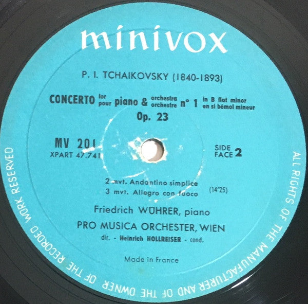 Pyotr Ilyich Tchaikovsky − Friedrich Wührer, Vienna Pro Musica Orchestra, Heinrich Hollreiser : Piano Concerto N°1 (10", Mono)